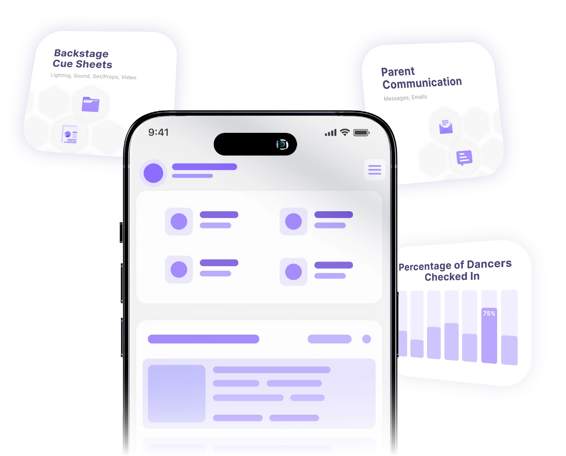 ShowSculptor mobile tools for cue sheets, parent communication, and dancer check-in