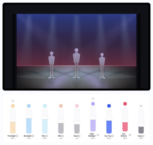 ShowSculptor Light Lab previewing stage lighting over a color and intensity control panel
