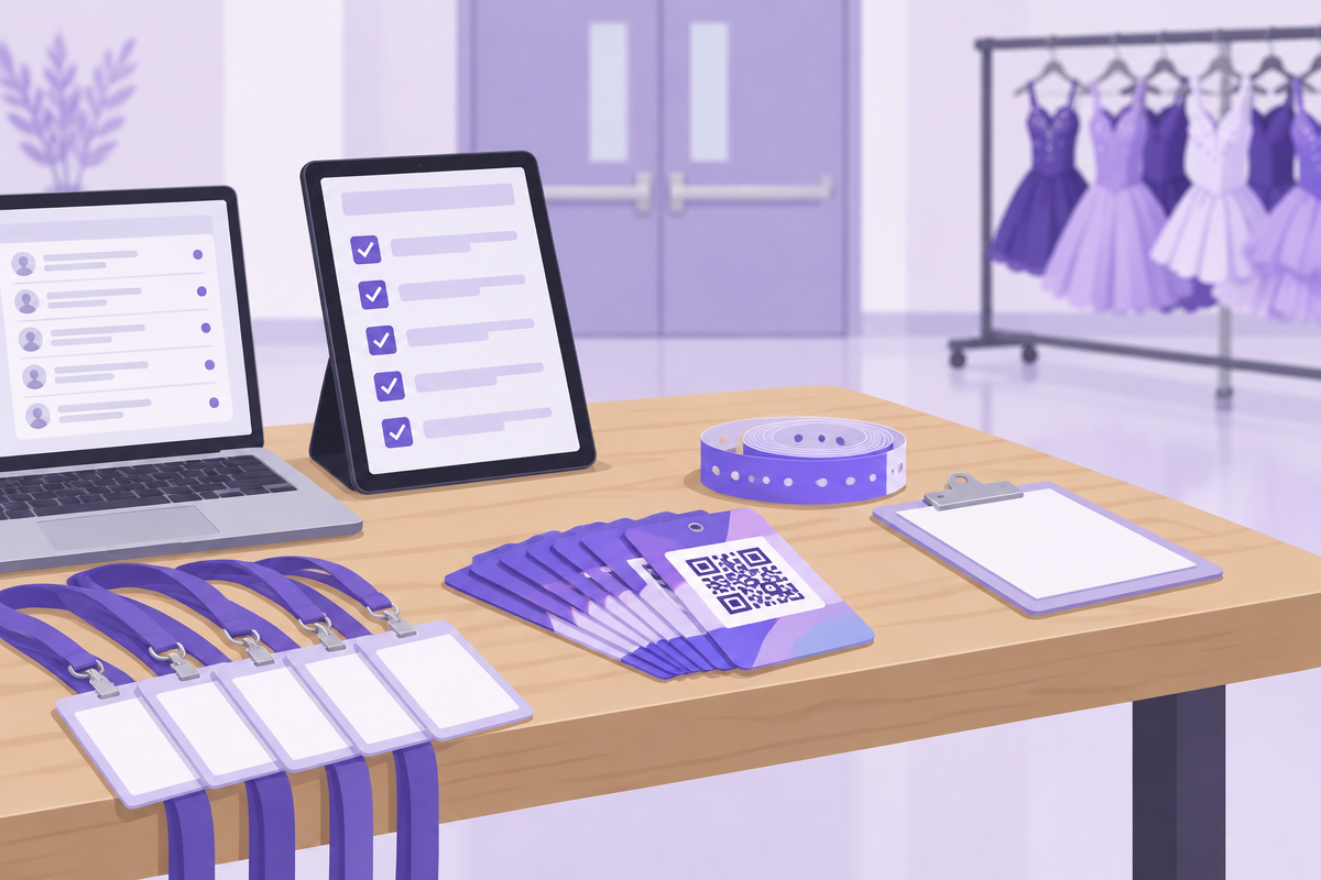 Illustration of a check-in table with tablets, lanyard badges, QR passes and wristbands ready for recital day
