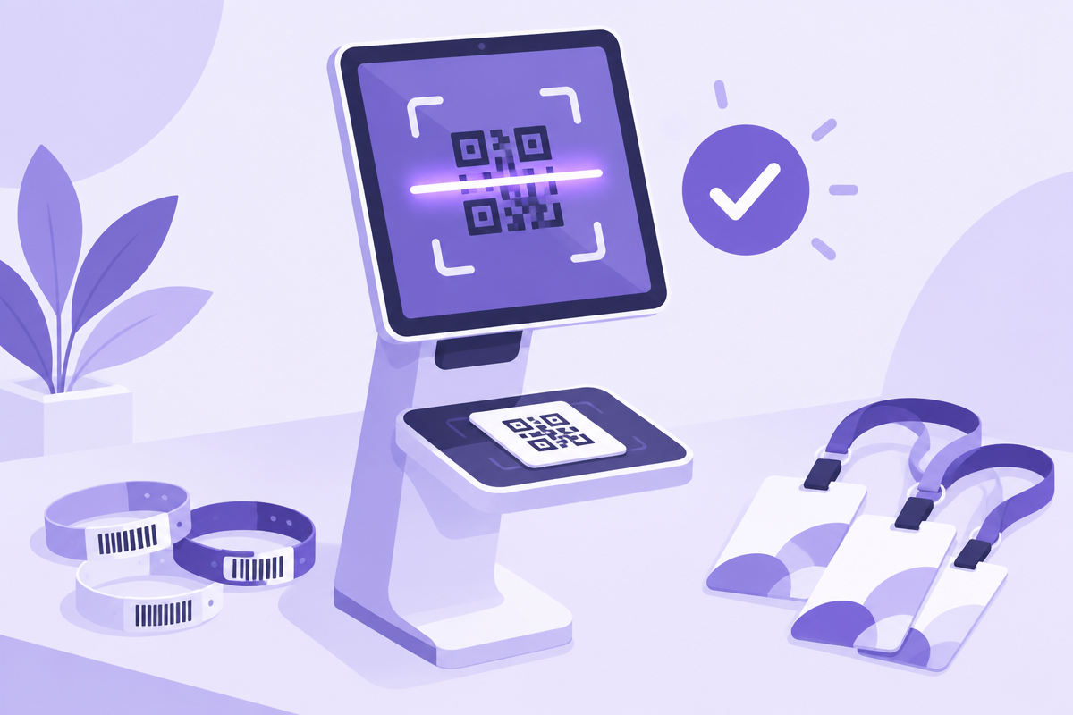 Illustration of a self-service check-in kiosk scanning a QR pass, with wristbands and lanyard badges nearby