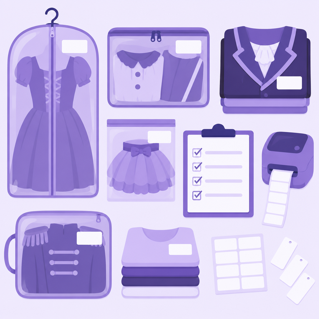 Illustration of labeled costume bags, a checklist clipboard and a label printer