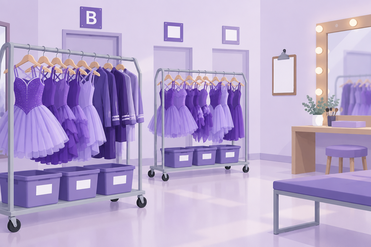 Illustration of a backstage dressing room with rolling racks of purple dance costumes, room signs and labeled bins