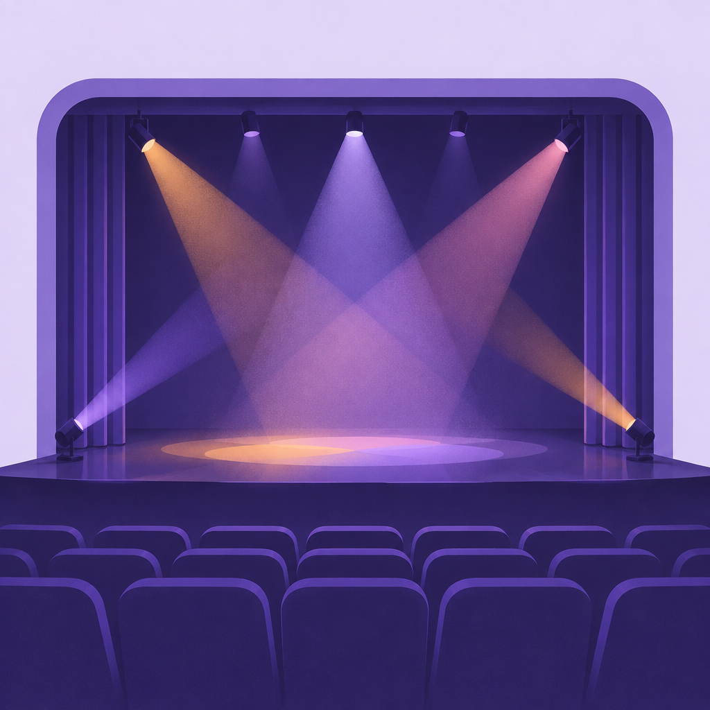 Illustration of a theater stage lit by beams from front, side and overhead positions