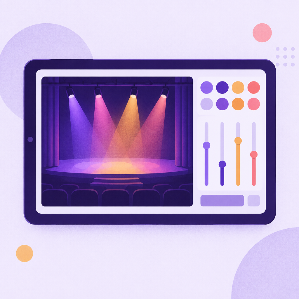 Illustration of a tablet showing a stage preview beside color swatches and intensity sliders