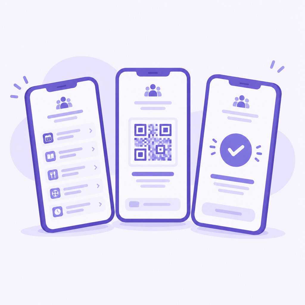 Illustration of three phones showing a family schedule, a QR backstage pass and a confirmation checkmark