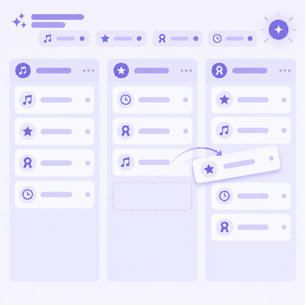 Illustration of show columns with routine cards, one card being dragged between shows beside an optimize button