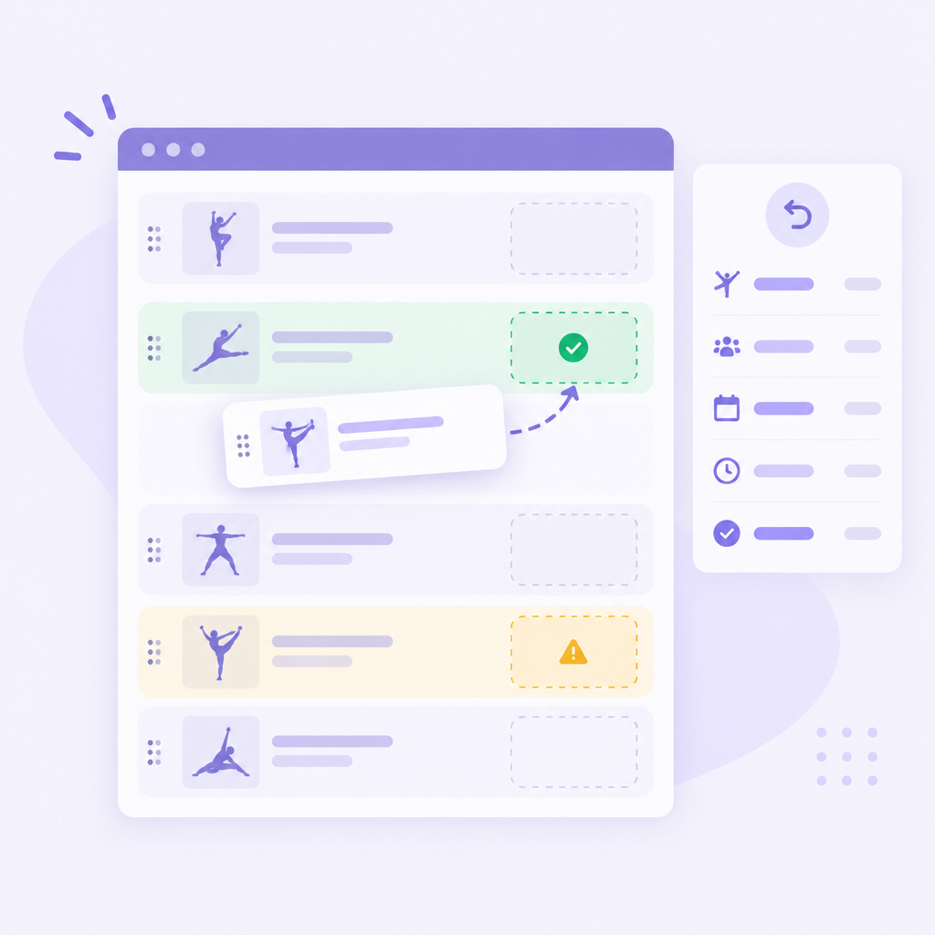 Illustration of a lineup editor with a routine mid-drag, a green drop zone with a checkmark and an amber warning zone