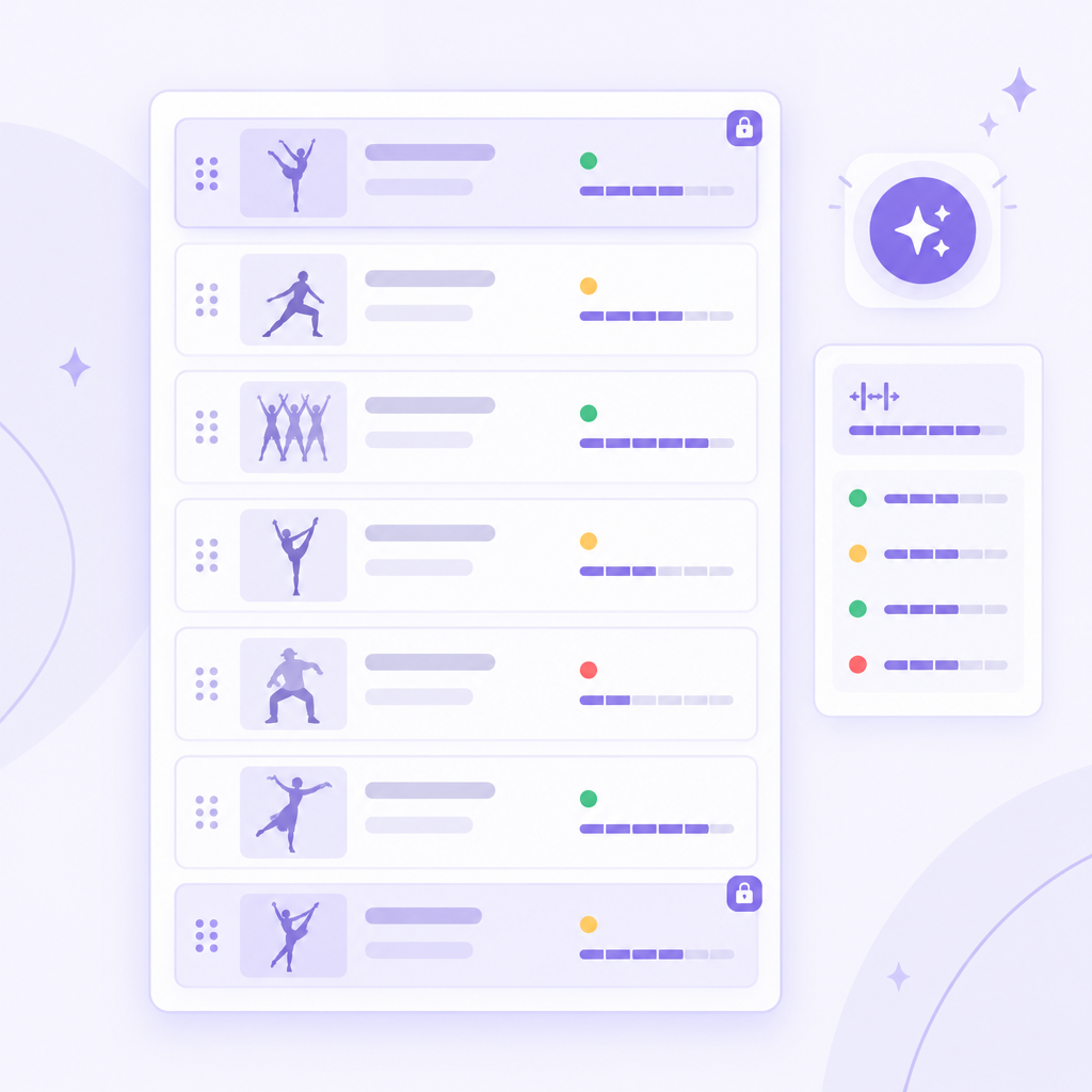 Illustration of a show lineup board with locked routines, a glowing optimize button and conflict indicators