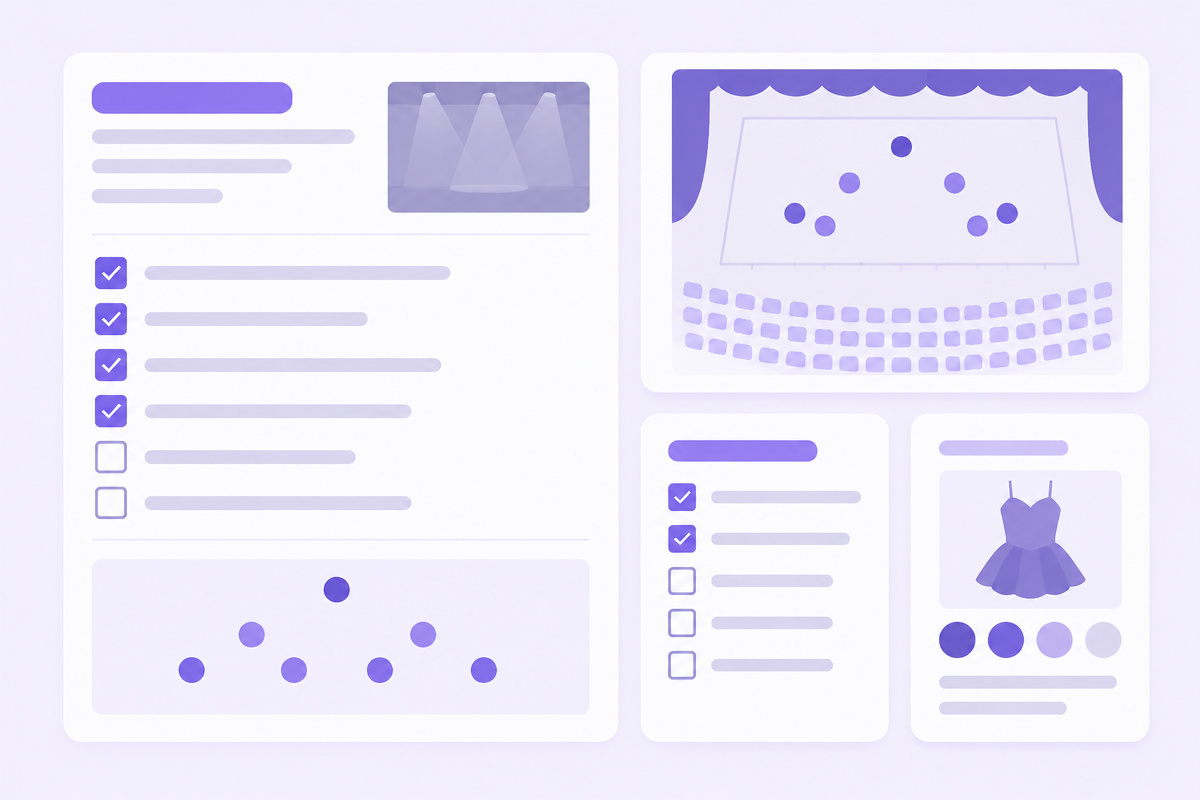 Illustration of a planning dashboard with routine pages, a stage diagram, a checklist and a costume card