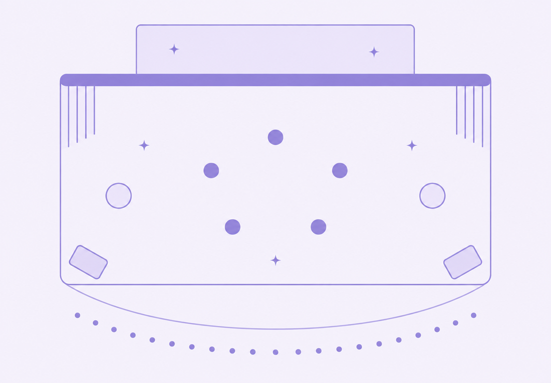 Illustration of a top-down stage diagram with dancers, props and the audience marked